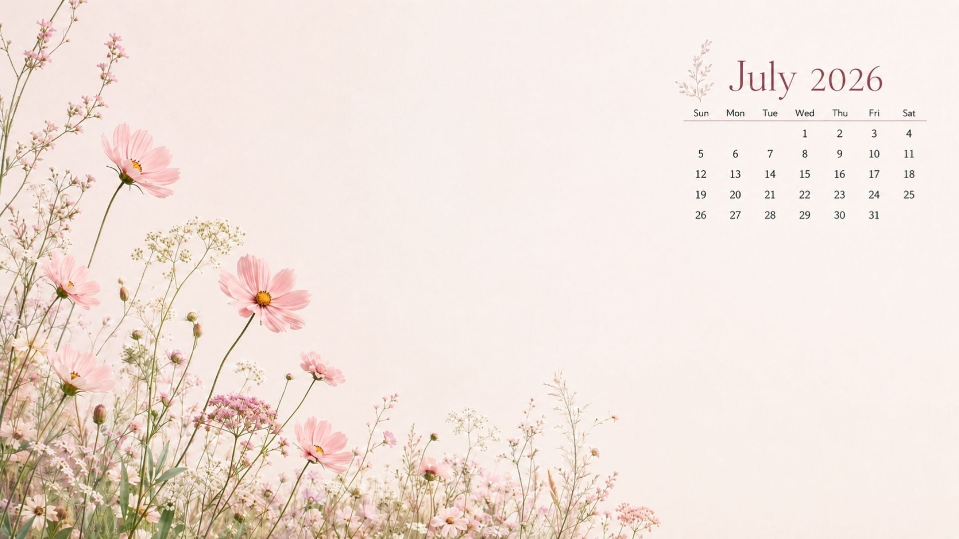 July 2026 Desktop Calendar Backgrounds with soft pink wildflowers, airy negative space, and a clean feminine desktop wallpaper design.