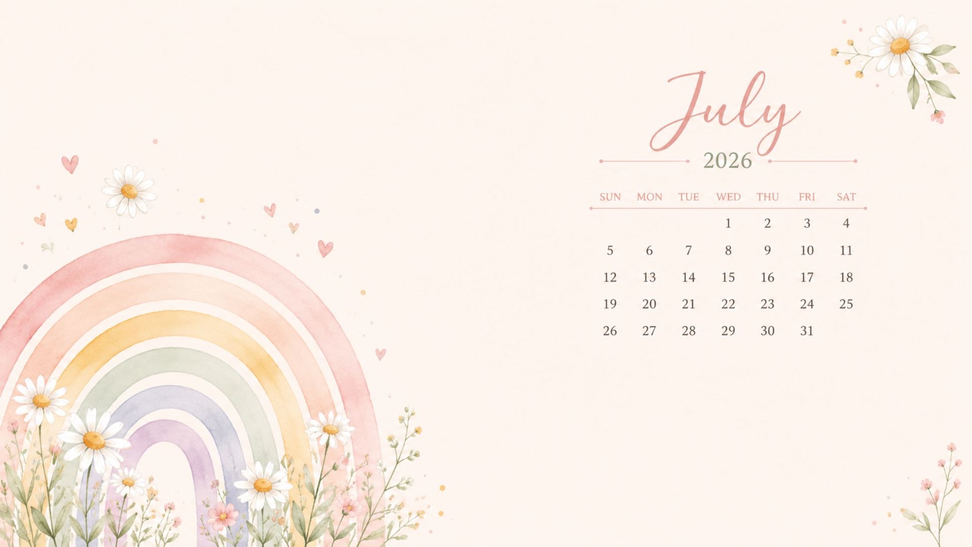 July 2026 Desktop Calendar Backgrounds with a cute pastel rainbow, daisies, soft watercolor flowers, and a cheerful summer calendar design.