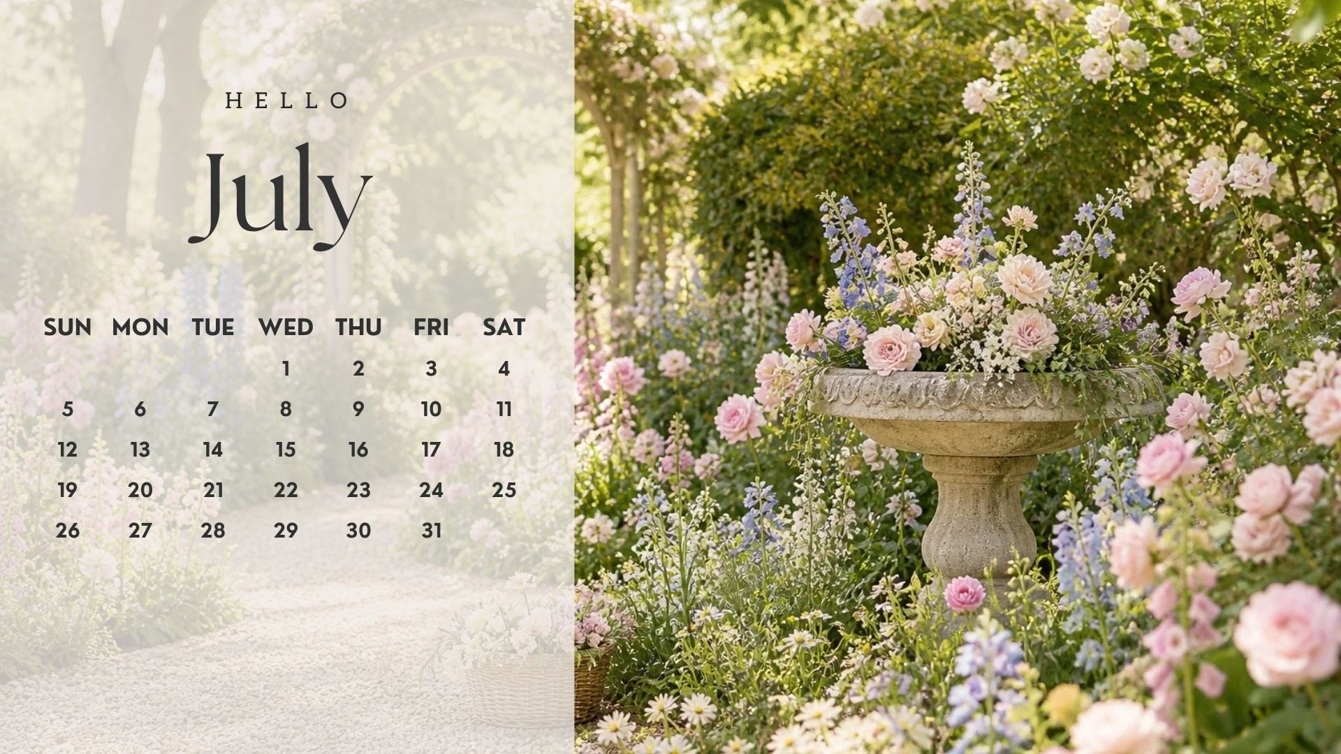 July 2026 Desktop Calendar Backgrounds featuring a romantic summer garden, soft pink flowers, and an elegant monthly calendar design.