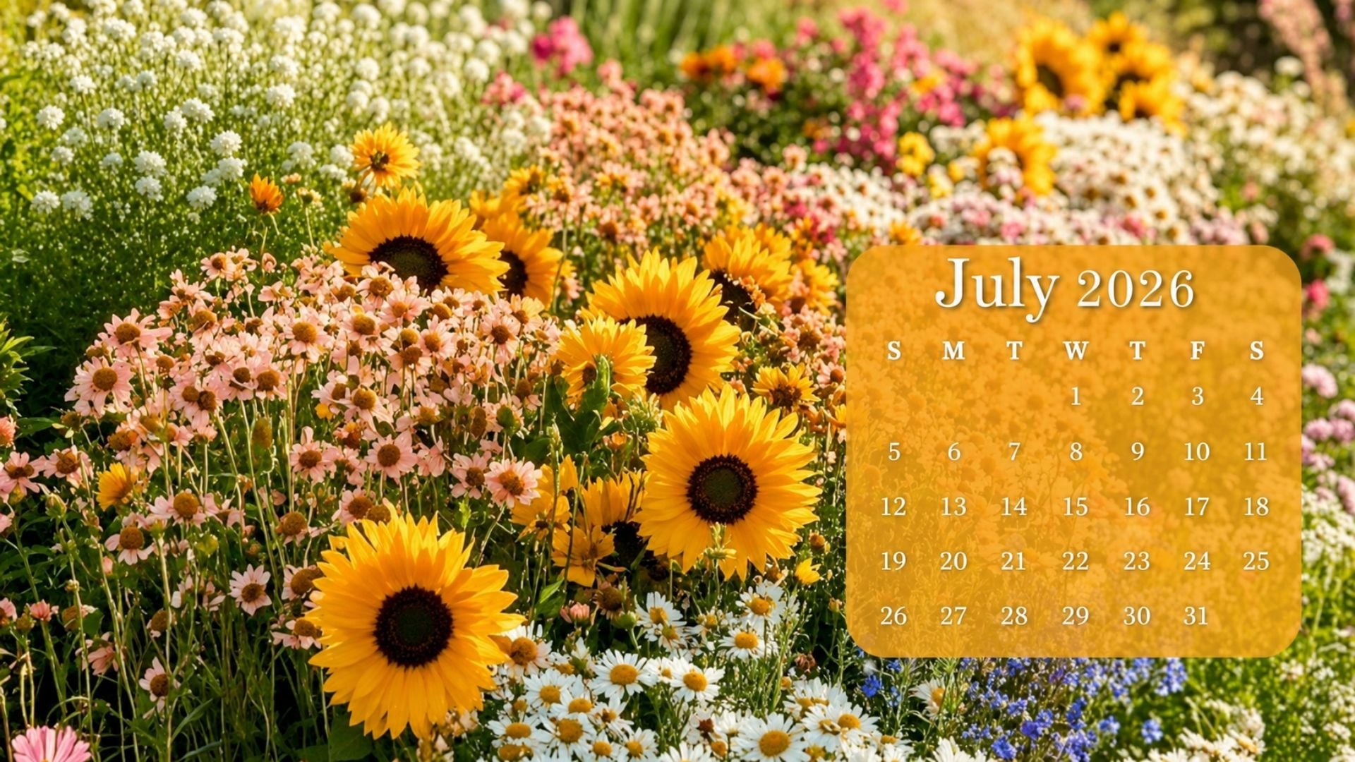 July 2026 Desktop Calendar Backgrounds with bright sunflowers, colorful summer wildflowers, and a cheerful calendar wallpaper layout.