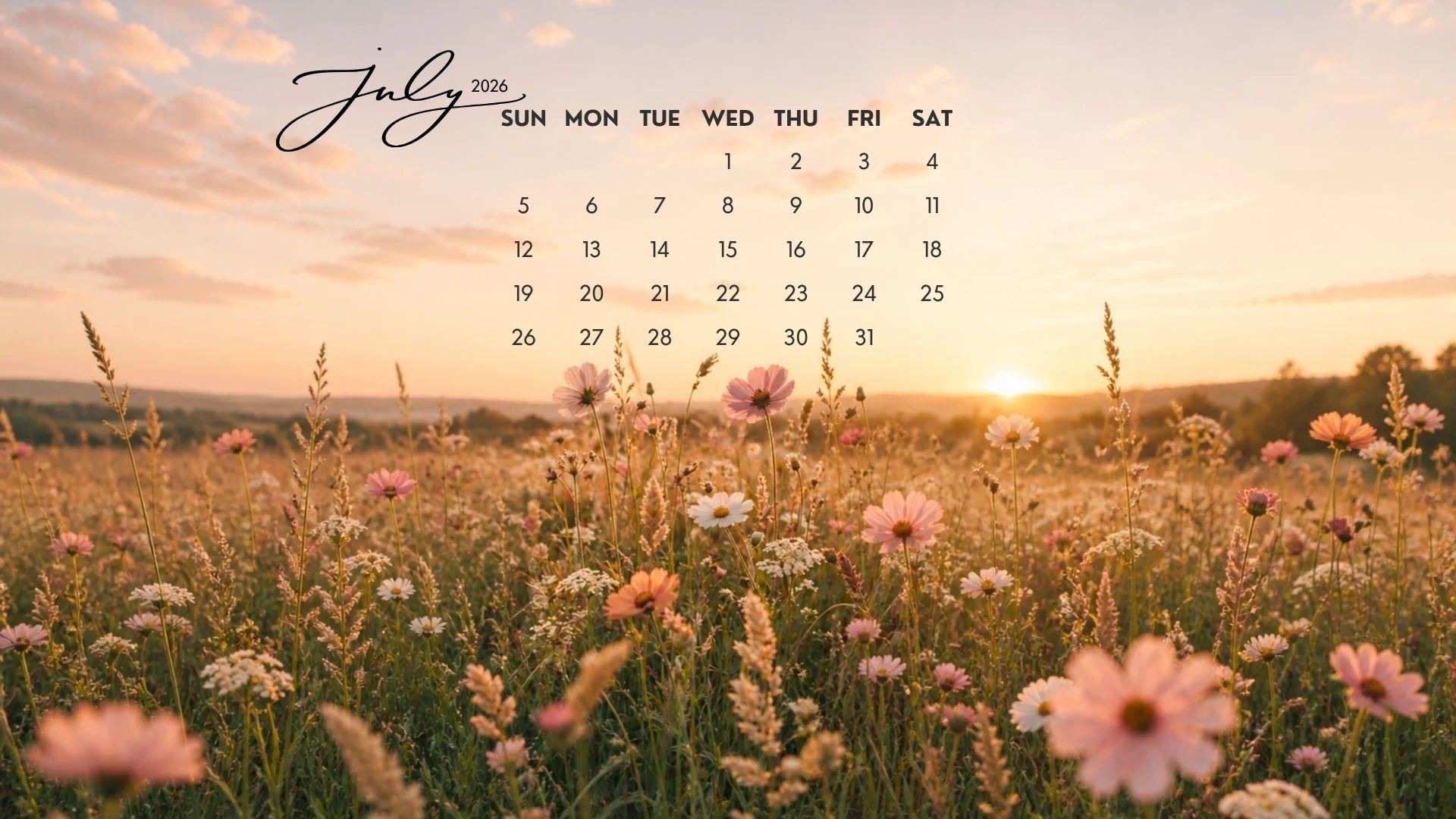 July 2026 Desktop Calendar Backgrounds featuring a golden sunset wildflower field with a clean monthly calendar layout.