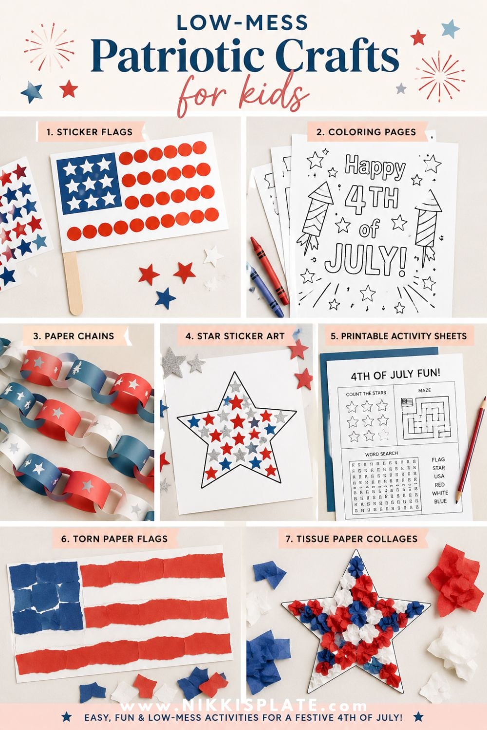 Low-mess patriotic crafts for kids collage with sticker flags, coloring pages, paper chains, star sticker art, printable activity sheets, torn paper flags, and tissue paper collages