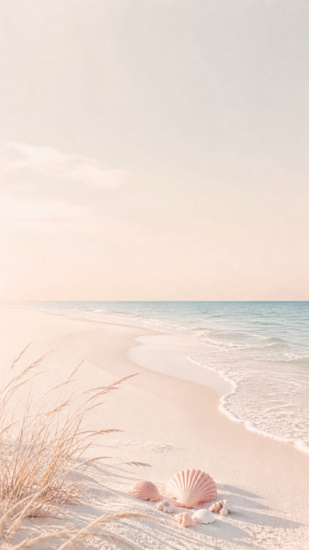 Minimal beach iPhone wallpaper with cream sand, blush seashells, soft blue ocean, and airy summer tones
