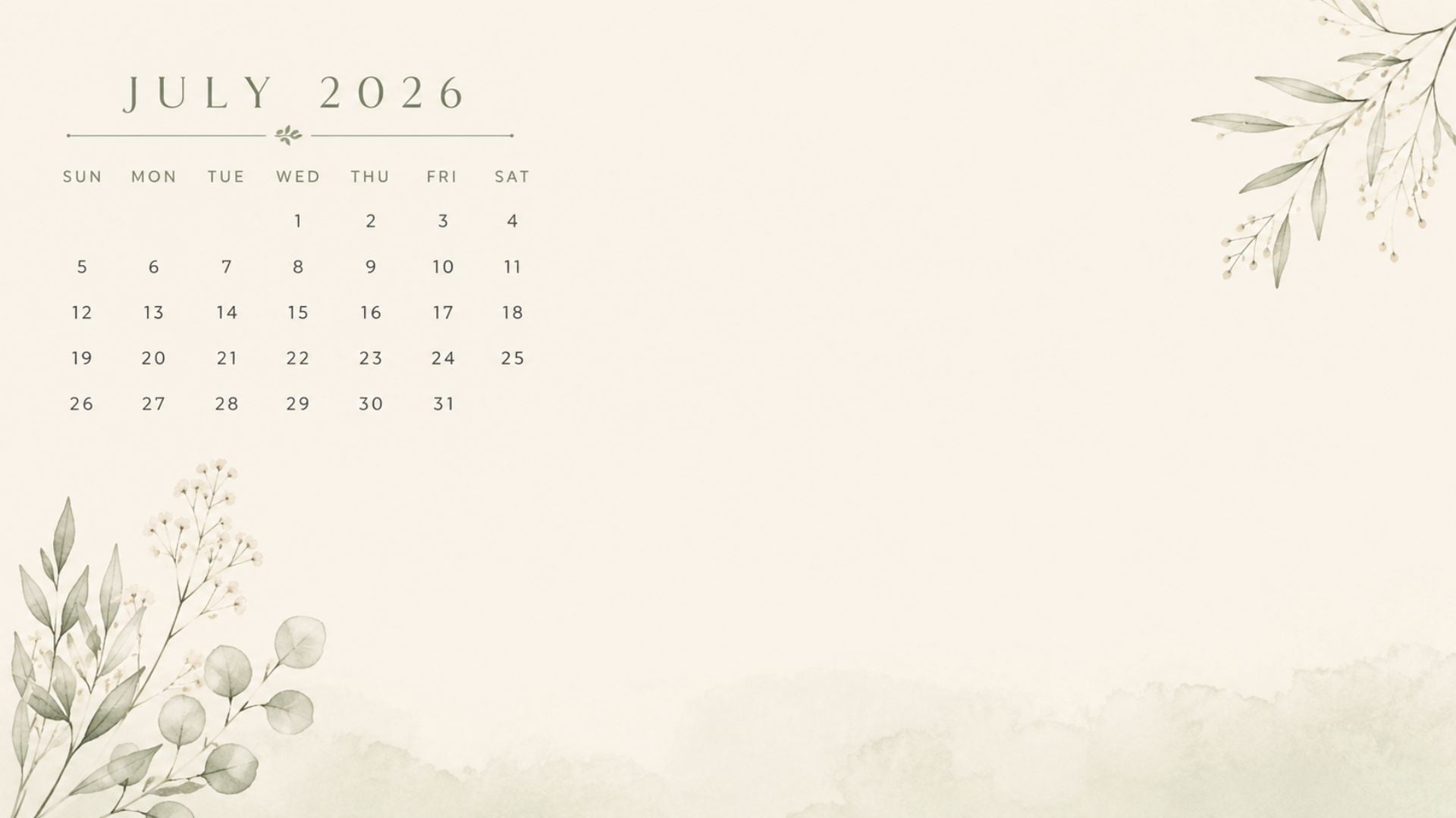 July 2026 Desktop Calendar Backgrounds with soft sage botanical accents, airy white space, and a clean minimalist calendar layout.