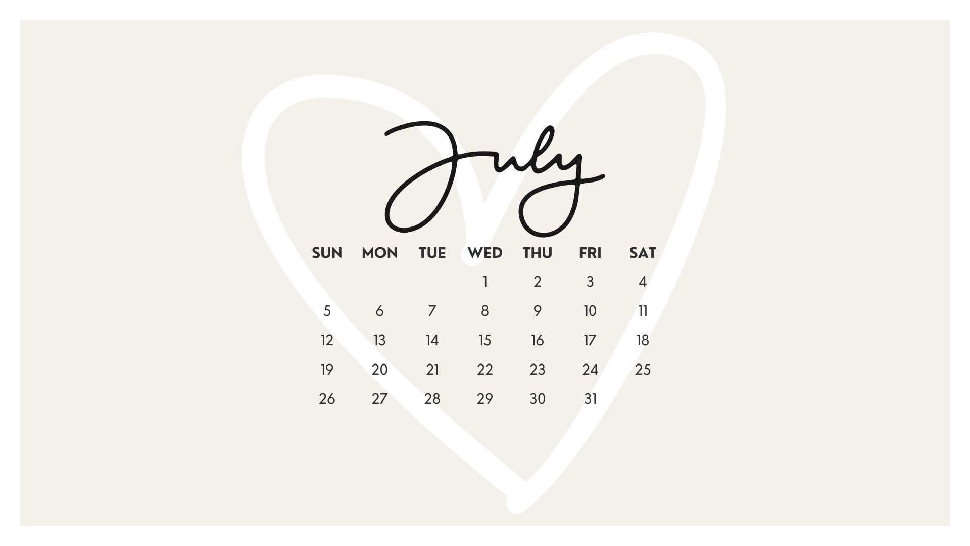 July 2026 Desktop Calendar Backgrounds with a minimal heart design, neutral beige tones, and a clean monthly calendar layout.