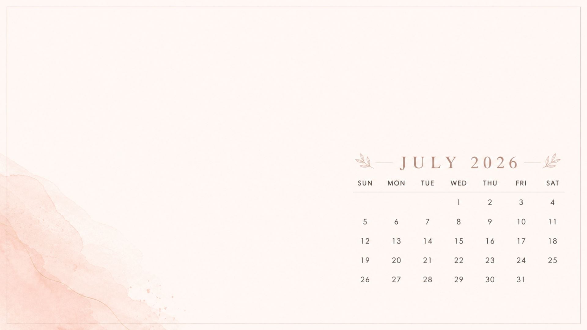 July 2026 Desktop Calendar Backgrounds with a blush watercolor accent, soft neutral tones, and a simple monthly calendar design.
