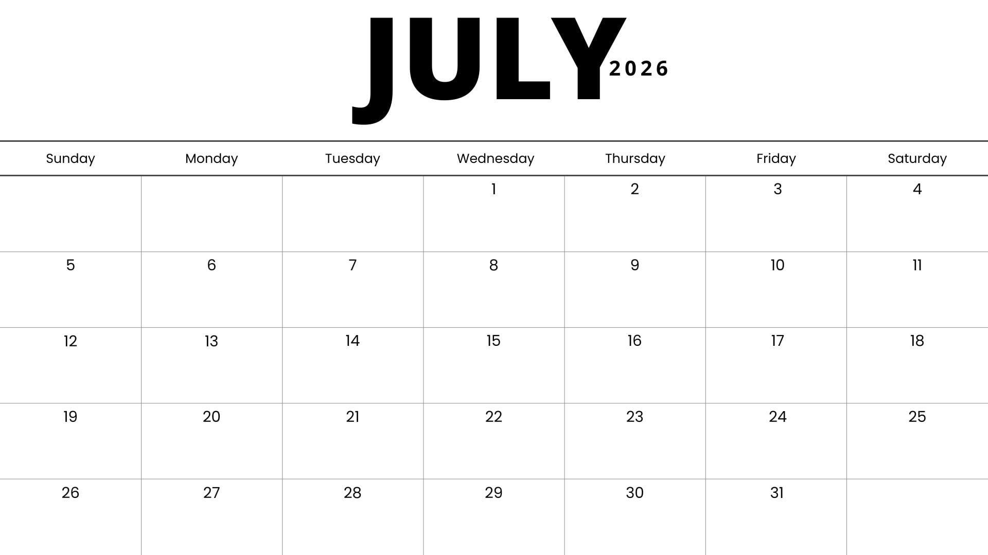 Minimalist July 2026 calendar printable with bold JULY header, black text, white background, and Sunday-start monthly grid.