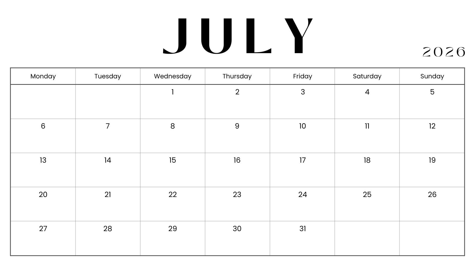 Minimalist July 2026 calendar printable with bold JULY header, black text, white background, and Monday-start monthly grid.