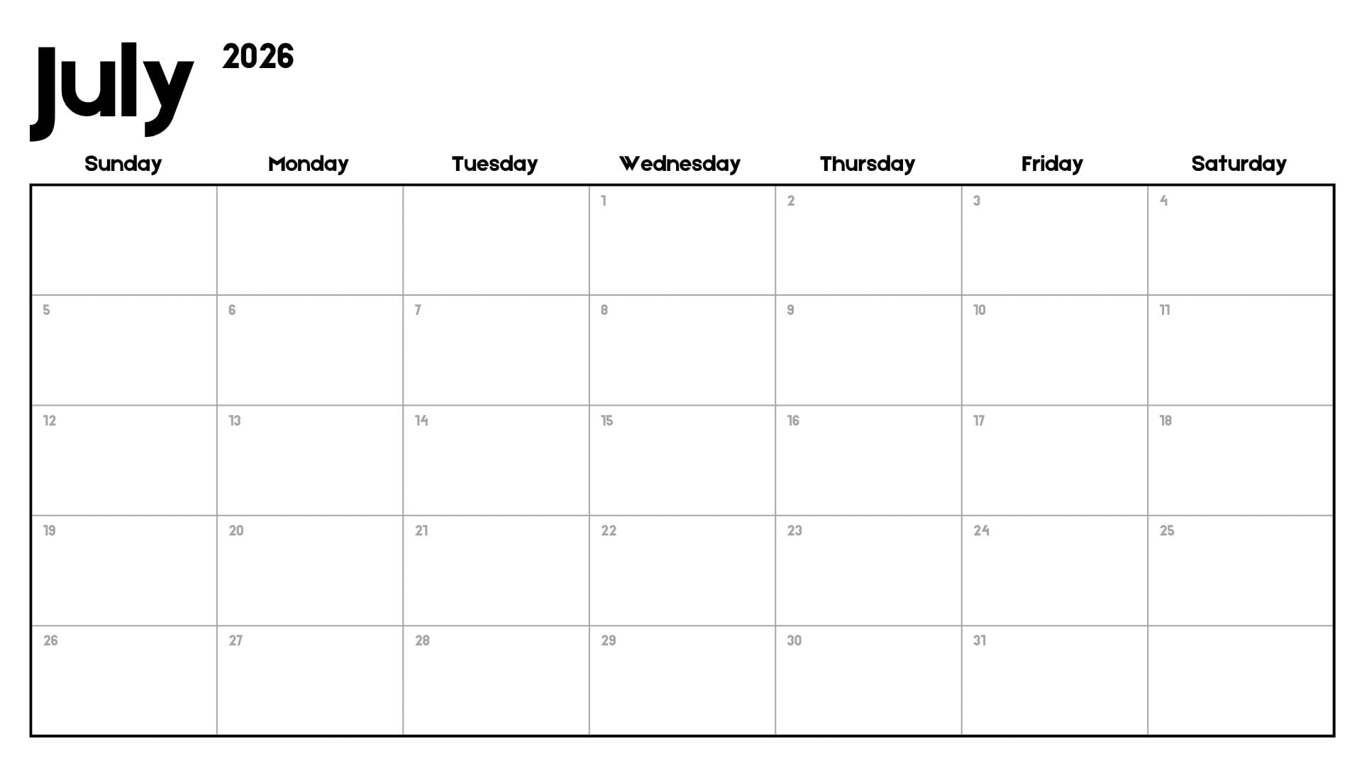 Minimalist July 2026 calendar printable with bold July header in the top corner, black text, white background, and Sunday-start monthly grid.