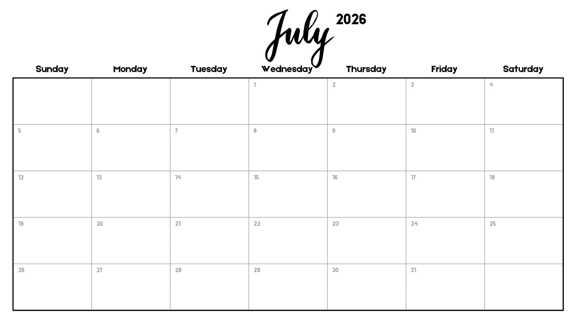 Minimalist July 2026 calendar printable with brush script July header, black text, white background, and Sunday-start monthly layout.