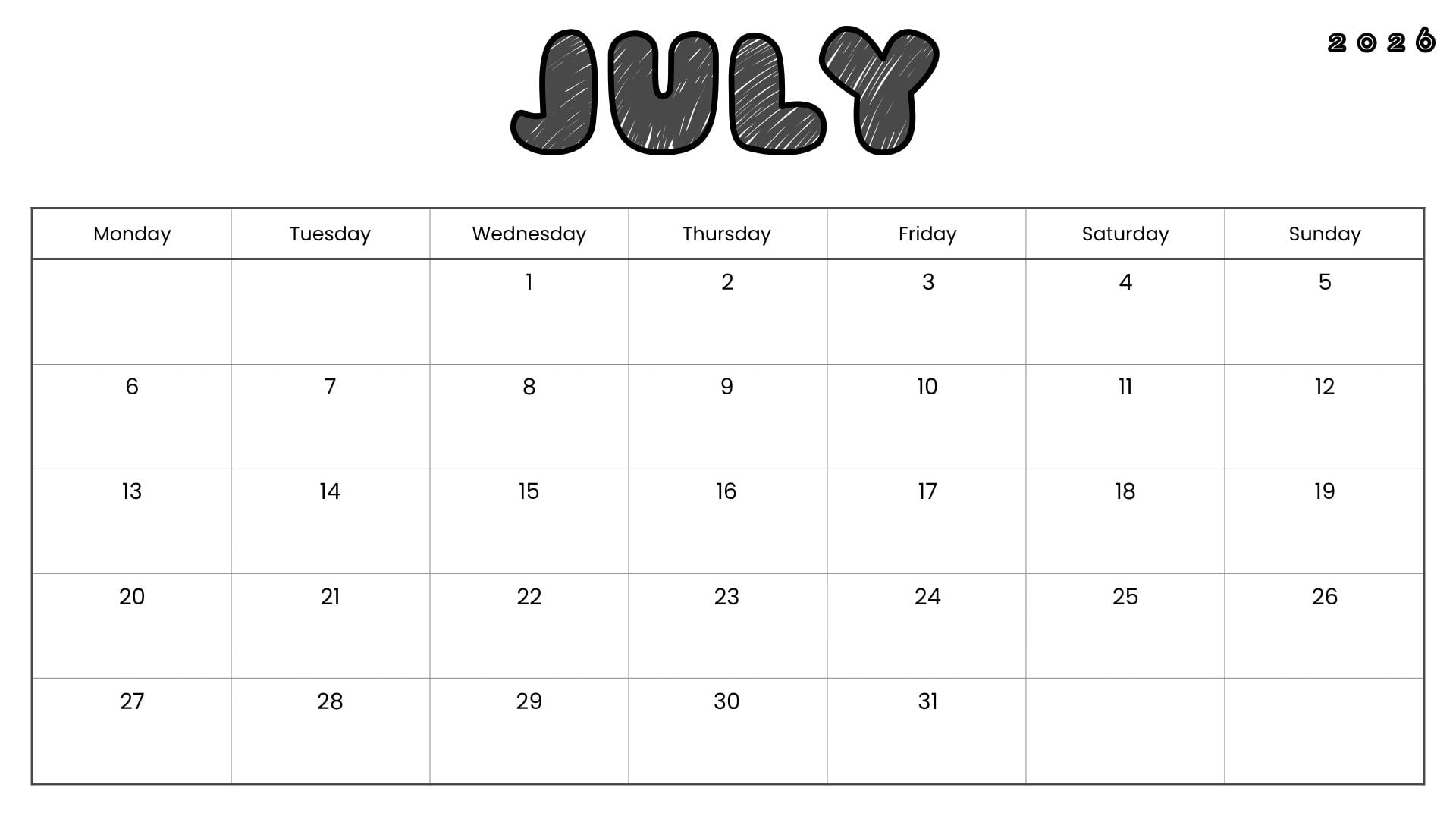 Minimalist July 2026 calendar printable with bubble letter JULY header, black text, white background, and Monday-start calendar layout.