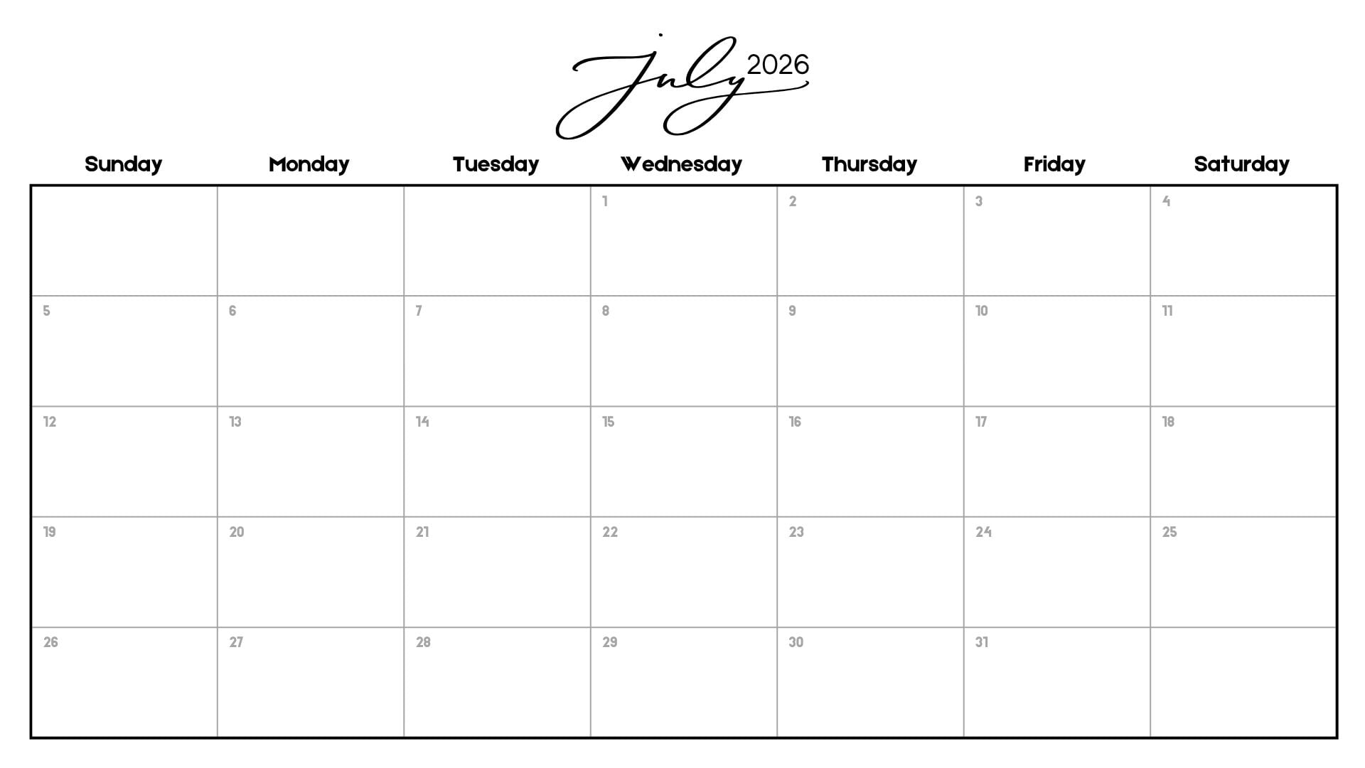 Minimalist July 2026 calendar printable with delicate script July 2026 header, black text, white background, and Sunday-start layout.
