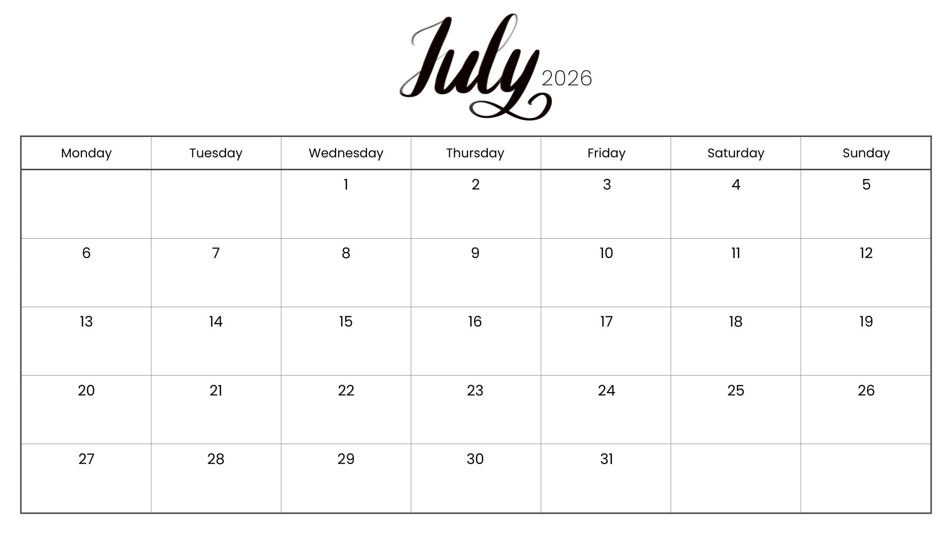 Minimalist July 2026 calendar printable with elegant script July header, black text, white background, and Monday-start monthly layout.