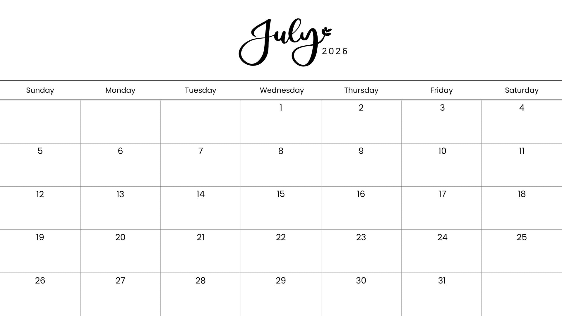 Minimalist July 2026 calendar printable with elegant script July header, black text, white background, and Sunday-start calendar layout.