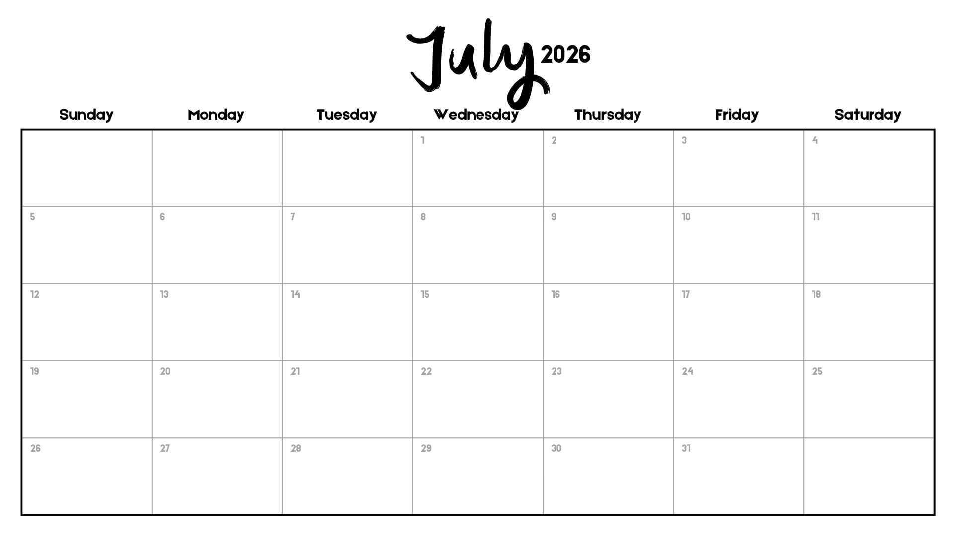 Minimalist July 2026 calendar printable with handwritten July 2026 header, black-and-white grid, and Sunday-start layout.
