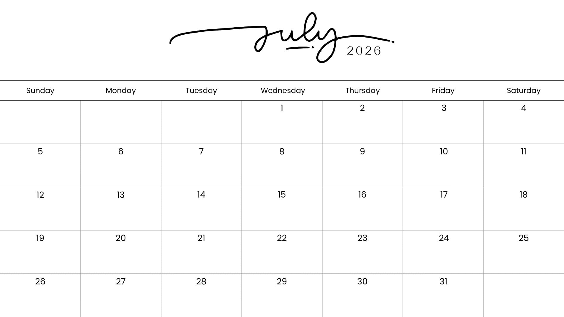 Minimalist July 2026 calendar printable with modern script July title, clean monthly grid, and Sunday-start layout.