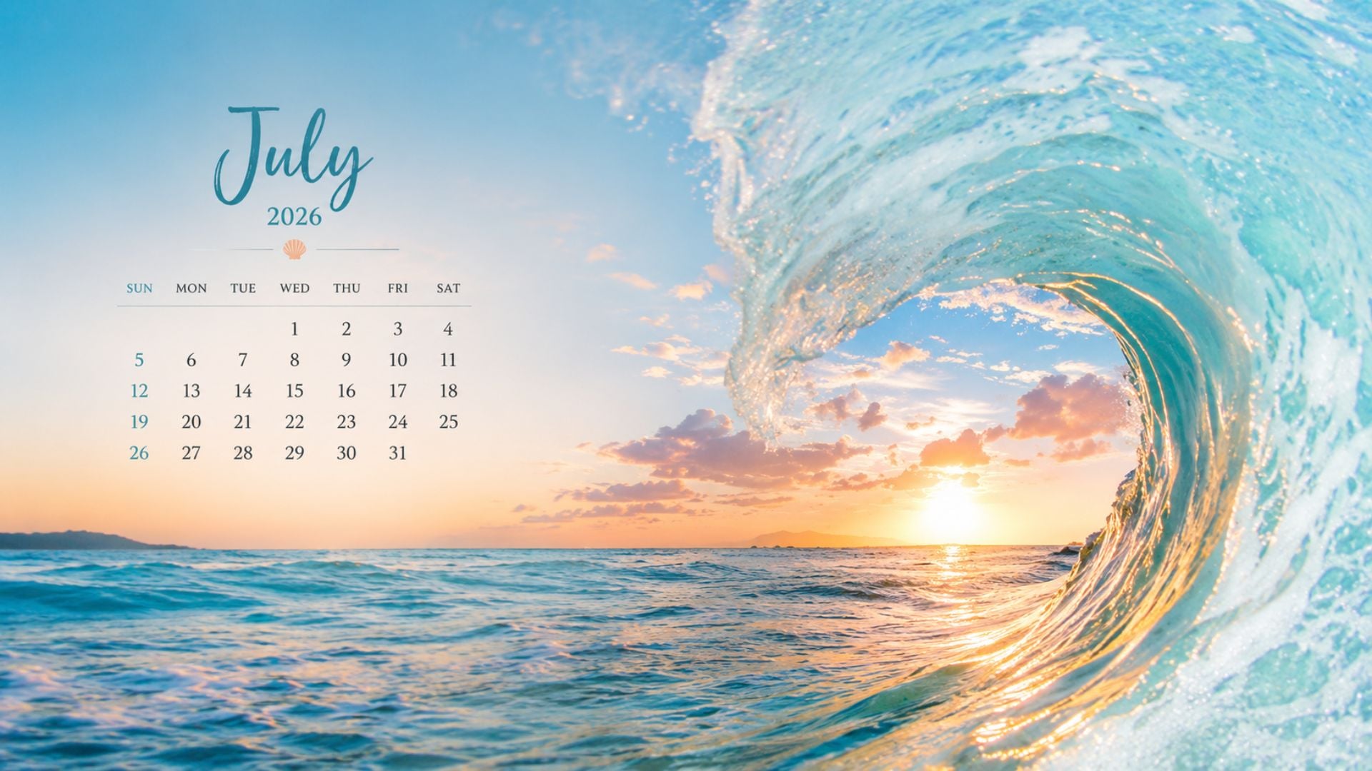 July 2026 Desktop Calendar Backgrounds with a turquoise ocean wave, glowing summer sunset, and an aesthetic coastal calendar wallpaper.