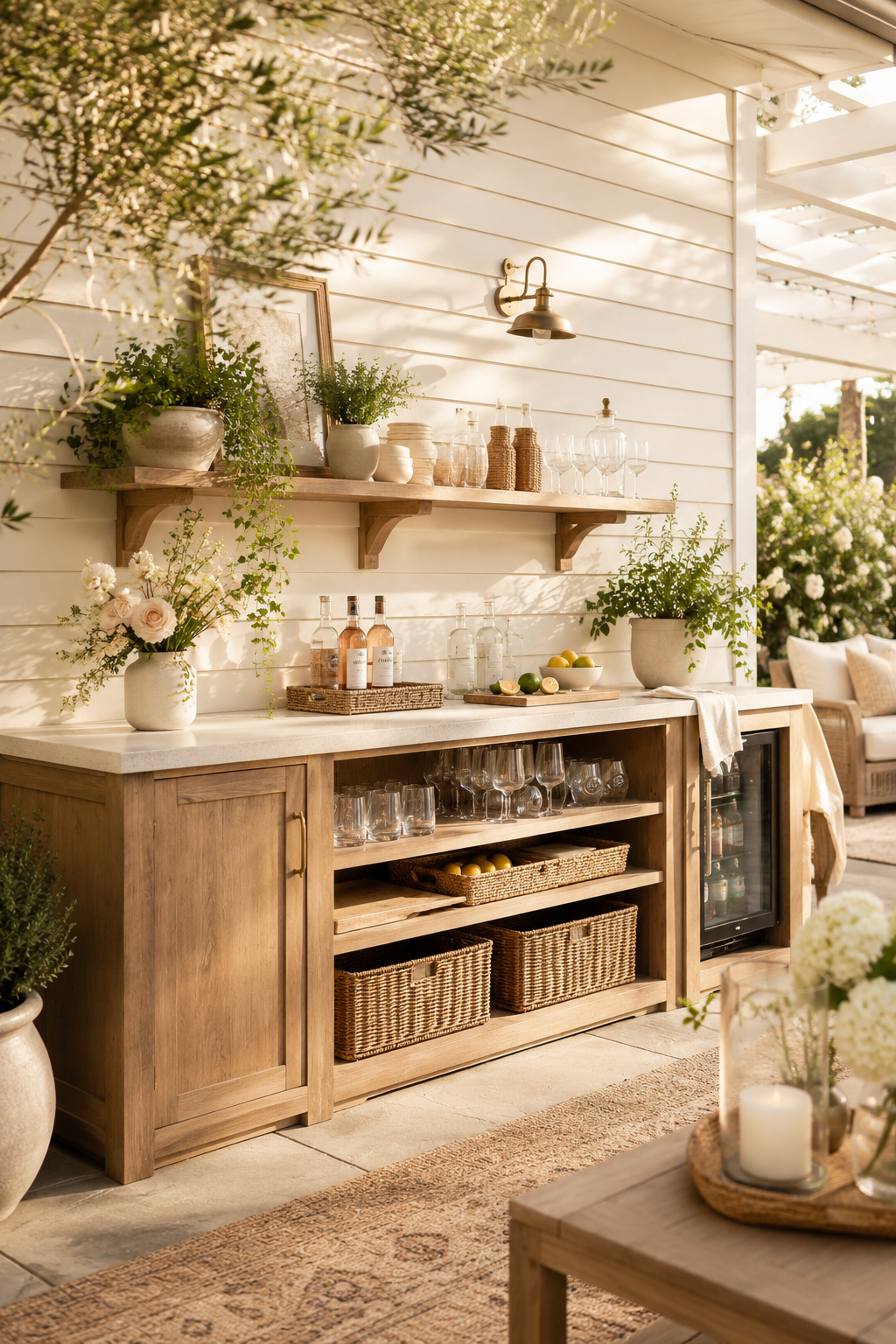 Outdoor bar with built-in storage, warm wood cabinets, open shelves, woven baskets, glassware, greenery, and cozy farmhouse patio decor