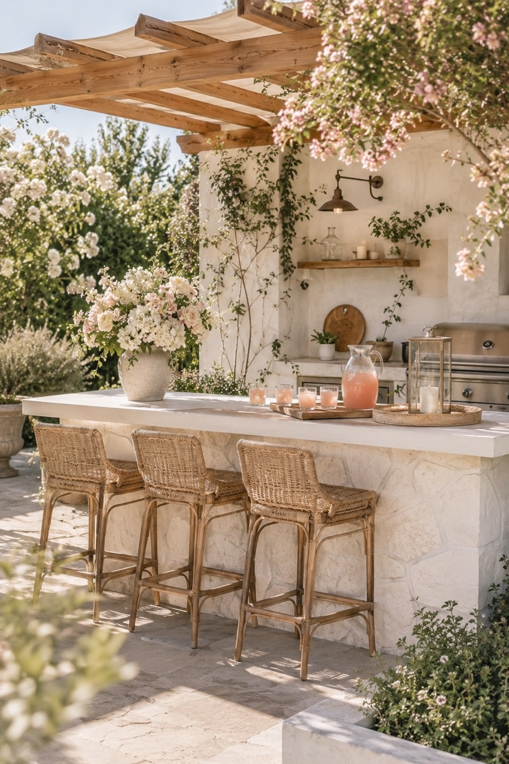 Outdoor bar with stools, stone counter, wicker bar chairs, soft flowers, pink drinks, warm wood pergola, and cozy farmhouse patio decor