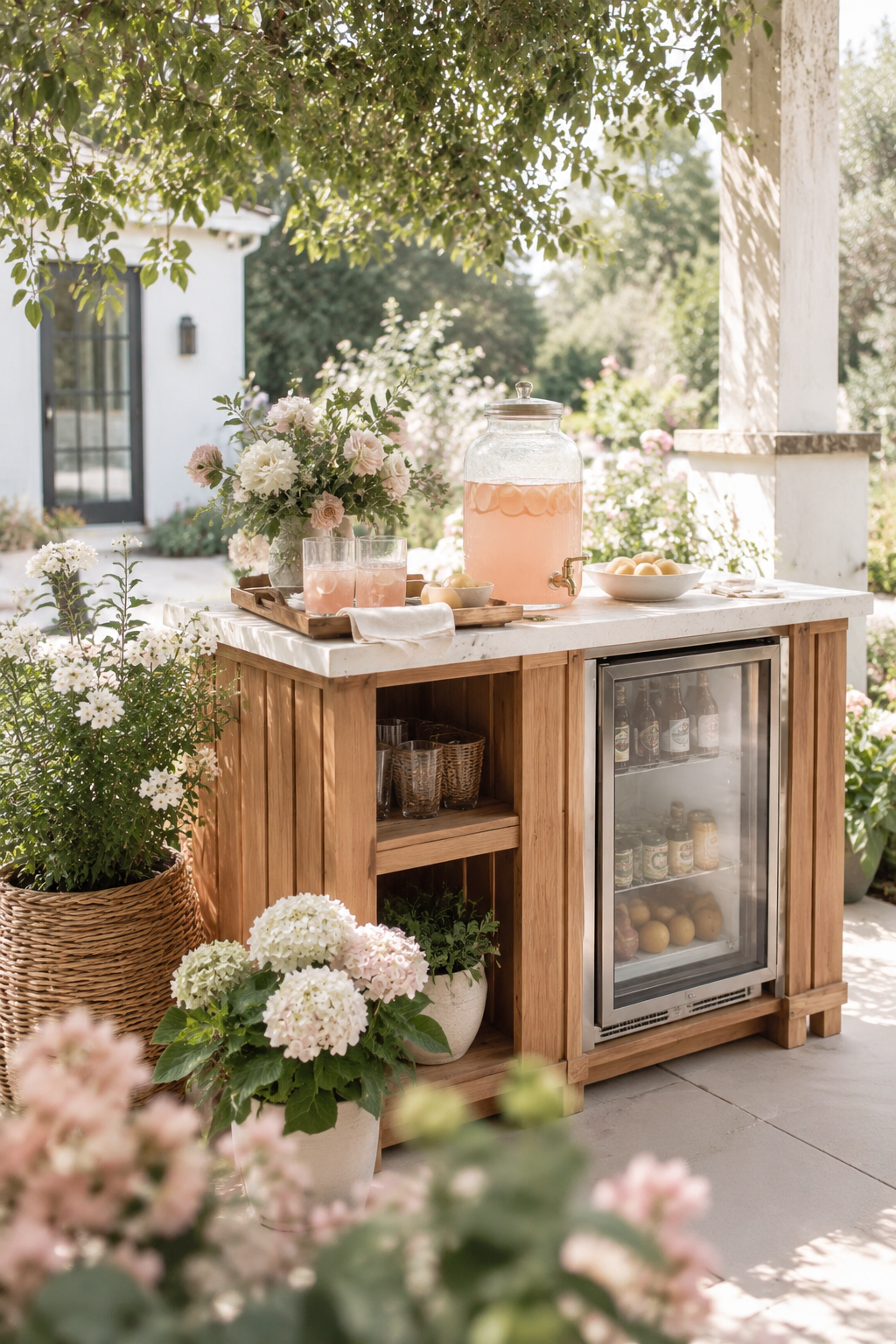 Outdoor drink station with mini fridge, warm wood cabinet, pink lemonade dispenser, soft flowers, citrus bowl, and cozy garden patio decor