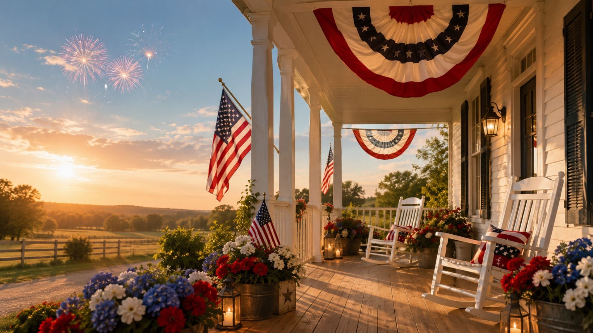4th of July desktop background with a patriotic farmhouse porch, American flags, bunting, rocking chairs, flowers, and warm summer sunset light.