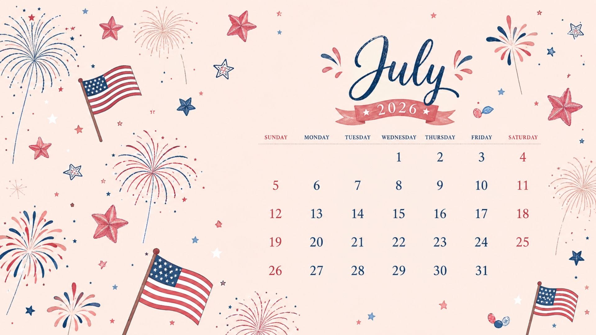 July 2026 desktop calendar background with illustrated American flags, fireworks, stars, and a festive red, white, and blue design.