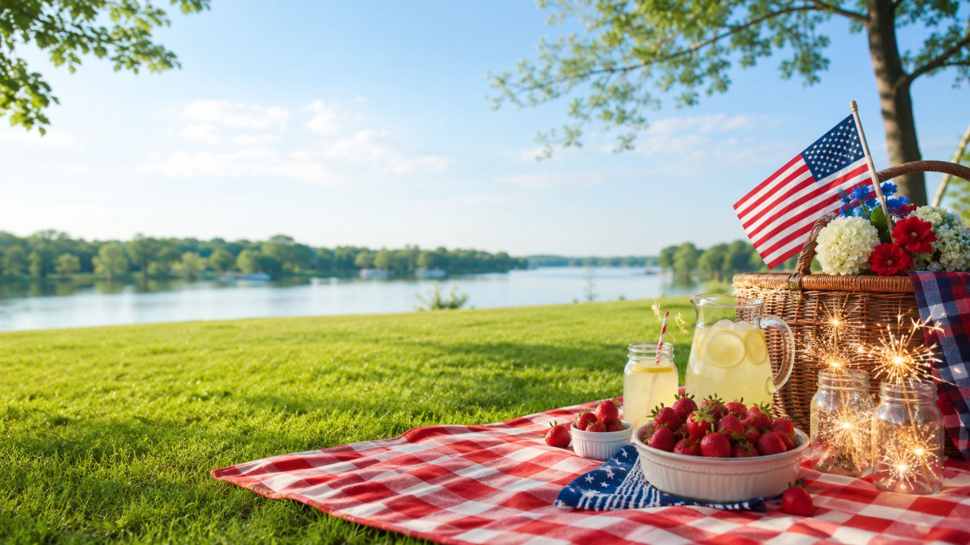 Free 4th of July desktop background with a patriotic lakeside picnic, American flag, sparklers, lemonade, strawberries, and red gingham blanket.