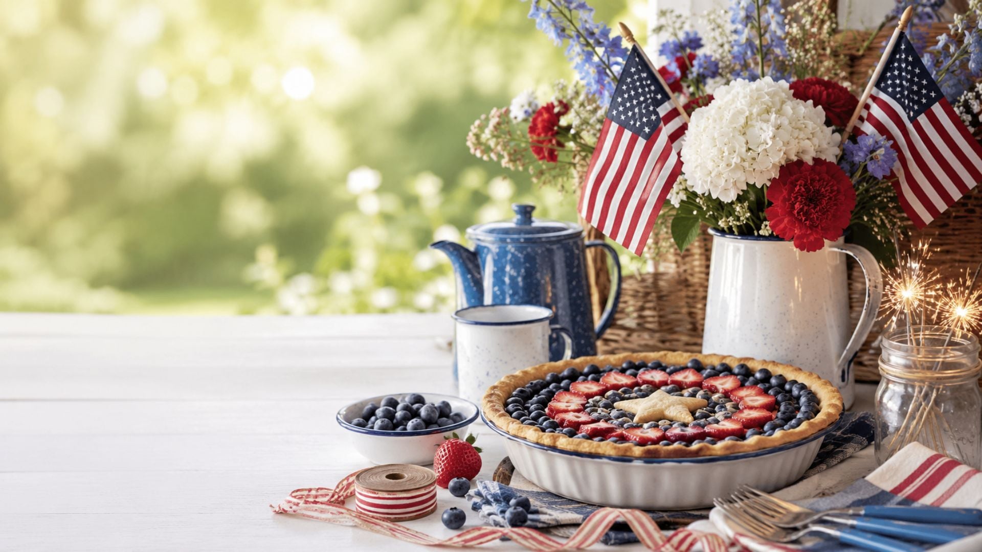 4th of July desktop background with a patriotic berry pie, American flags, sparklers, red white and blue flowers, and summer picnic decor.