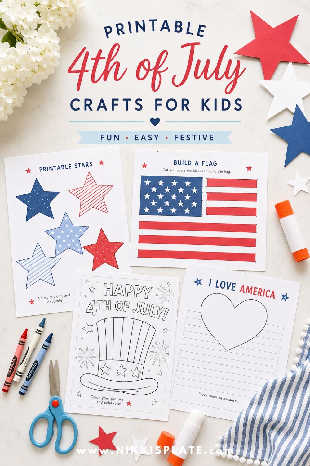 Printable 4th of July crafts for kids with printable stars, flag craft pages, coloring sheets, crayons, scissors, glue sticks, and patriotic paper stars on a light craft table