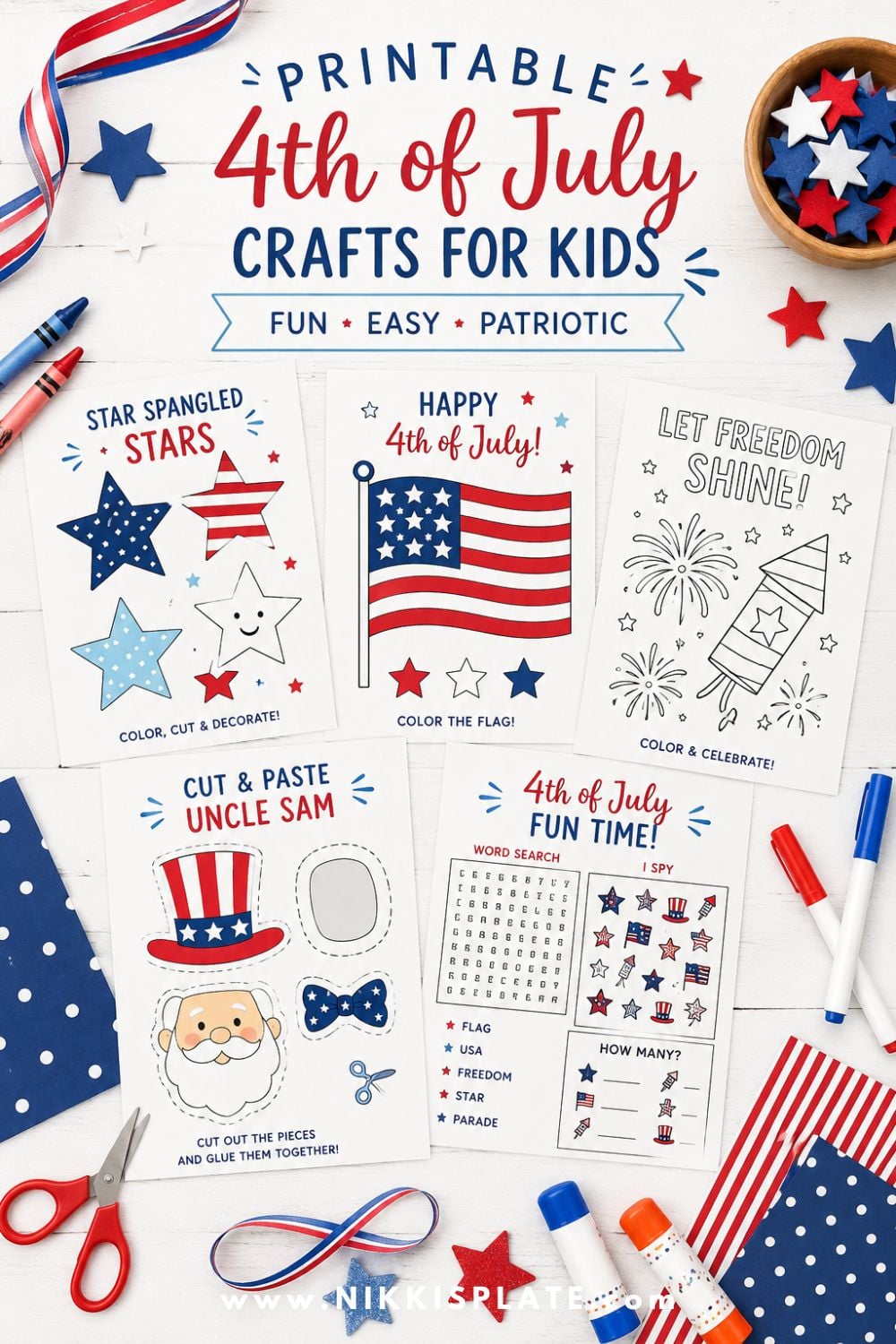 Printable patriotic activity pages for kids with 4th of July coloring sheets, star cutouts, flag pages, word search, I spy activity, crayons, scissors, glue sticks, and red white and blue craft supplies