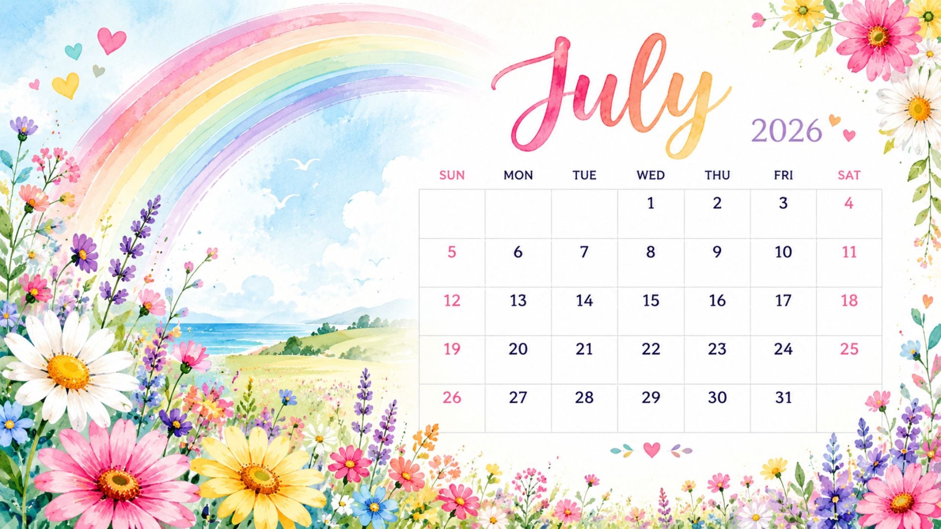 July 2026 Desktop Calendar Backgrounds with a colorful rainbow, bright summer flowers, soft watercolor details, and a cheerful monthly calendar layout.