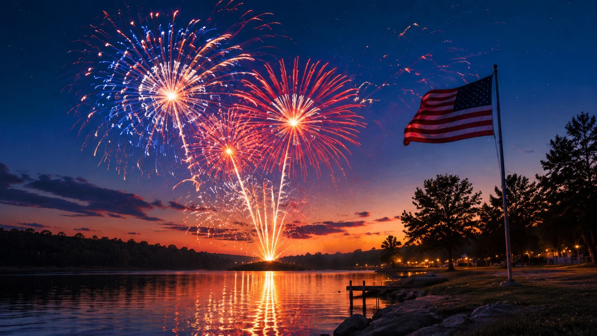 Red, white, and blue fireworks over a lake at sunset with an American flag, perfect for a patriotic 4th of July desktop wallpaper.