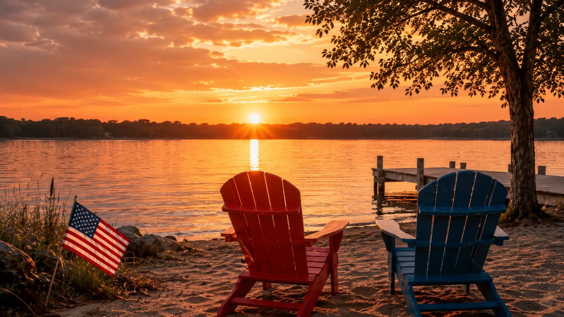 Red and blue Adirondack chairs by a lake at sunset with an American flag, creating a red, white, and blue 4th of July desktop wallpaper.