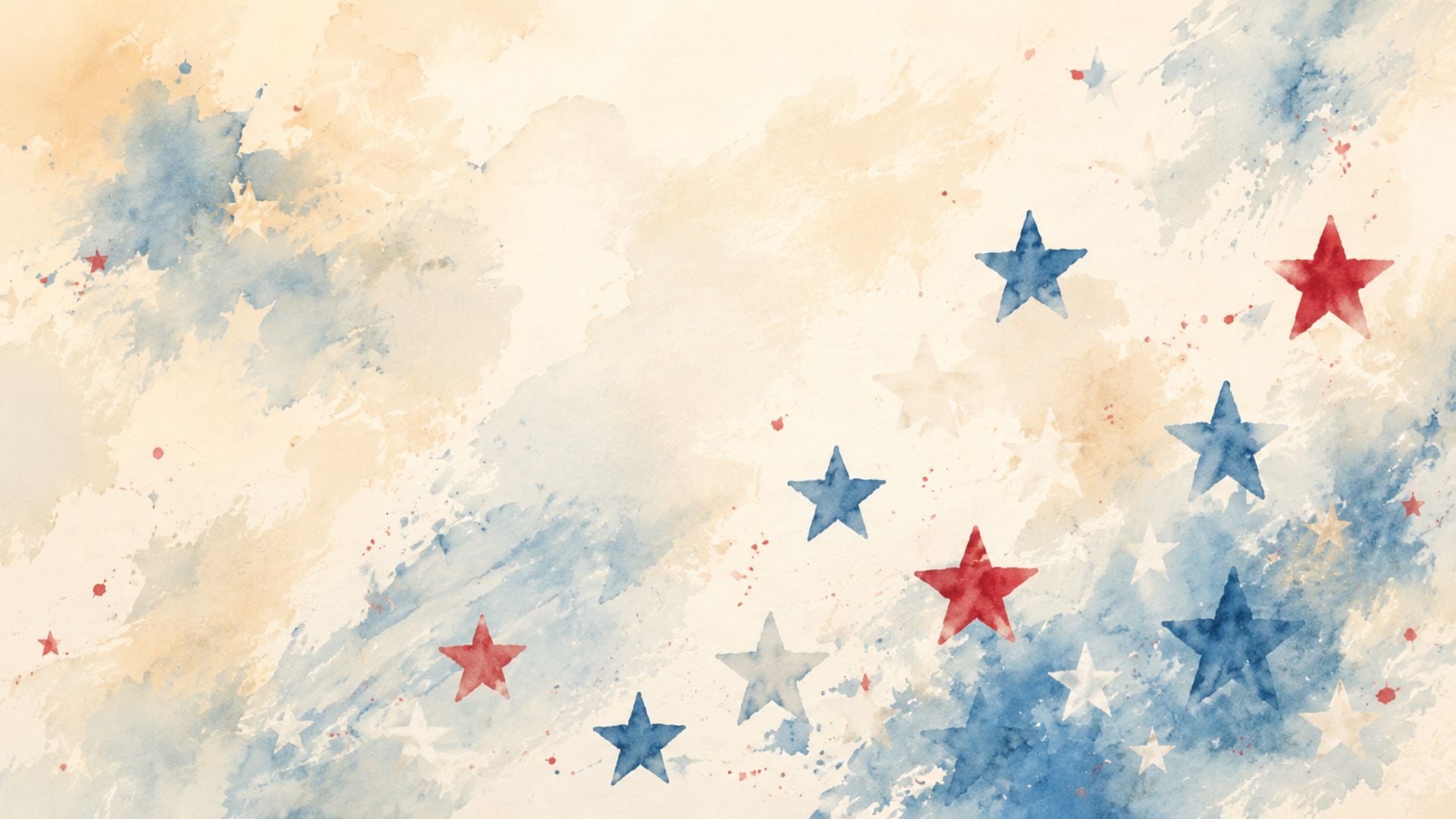 Red, white, and blue watercolor stars desktop wallpaper with a soft patriotic background for 4th of July.
