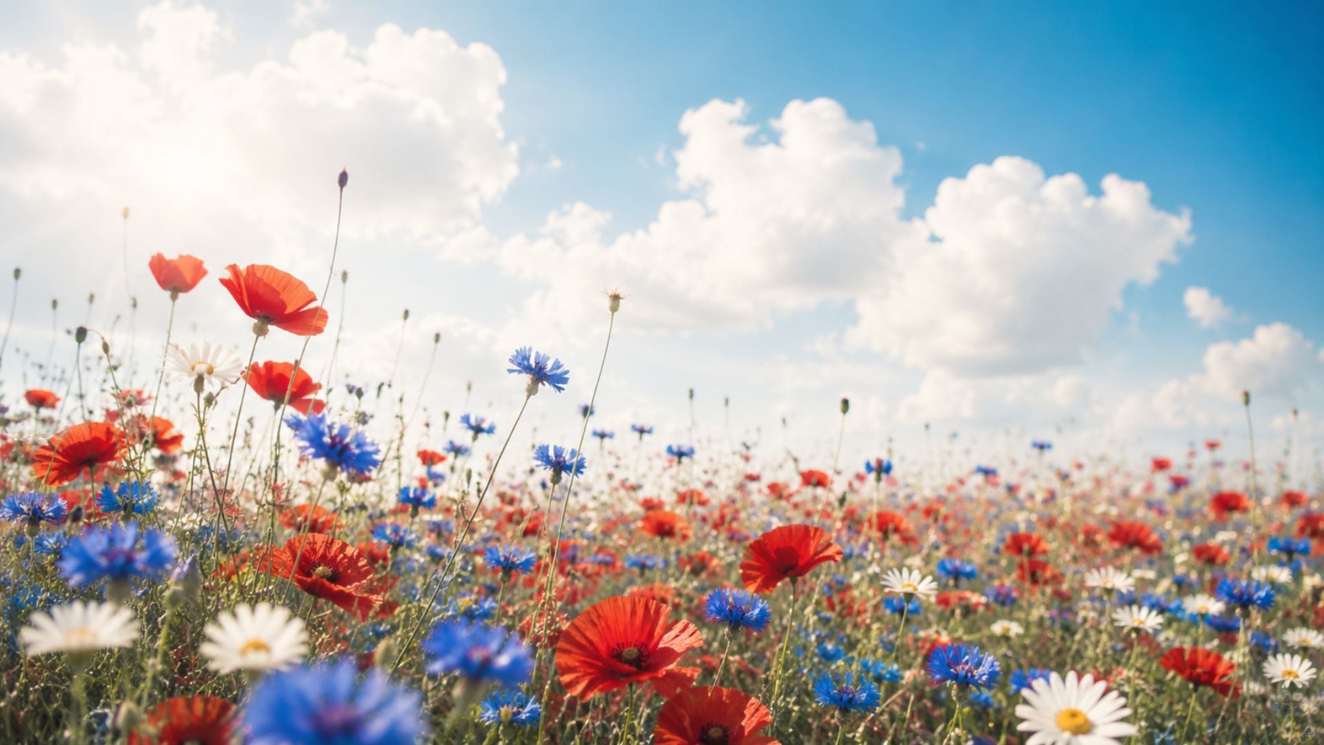 Red, white, and blue wildflower field under a bright sky, styled as a cheerful patriotic desktop wallpaper for the 4th of July.