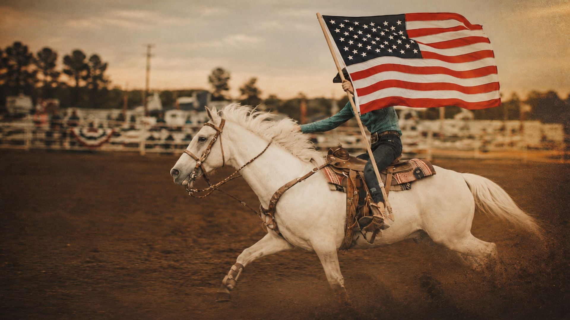 Patriotic 4th of July desktop background with a white horse, American flag, rodeo rider, and vintage western holiday style.