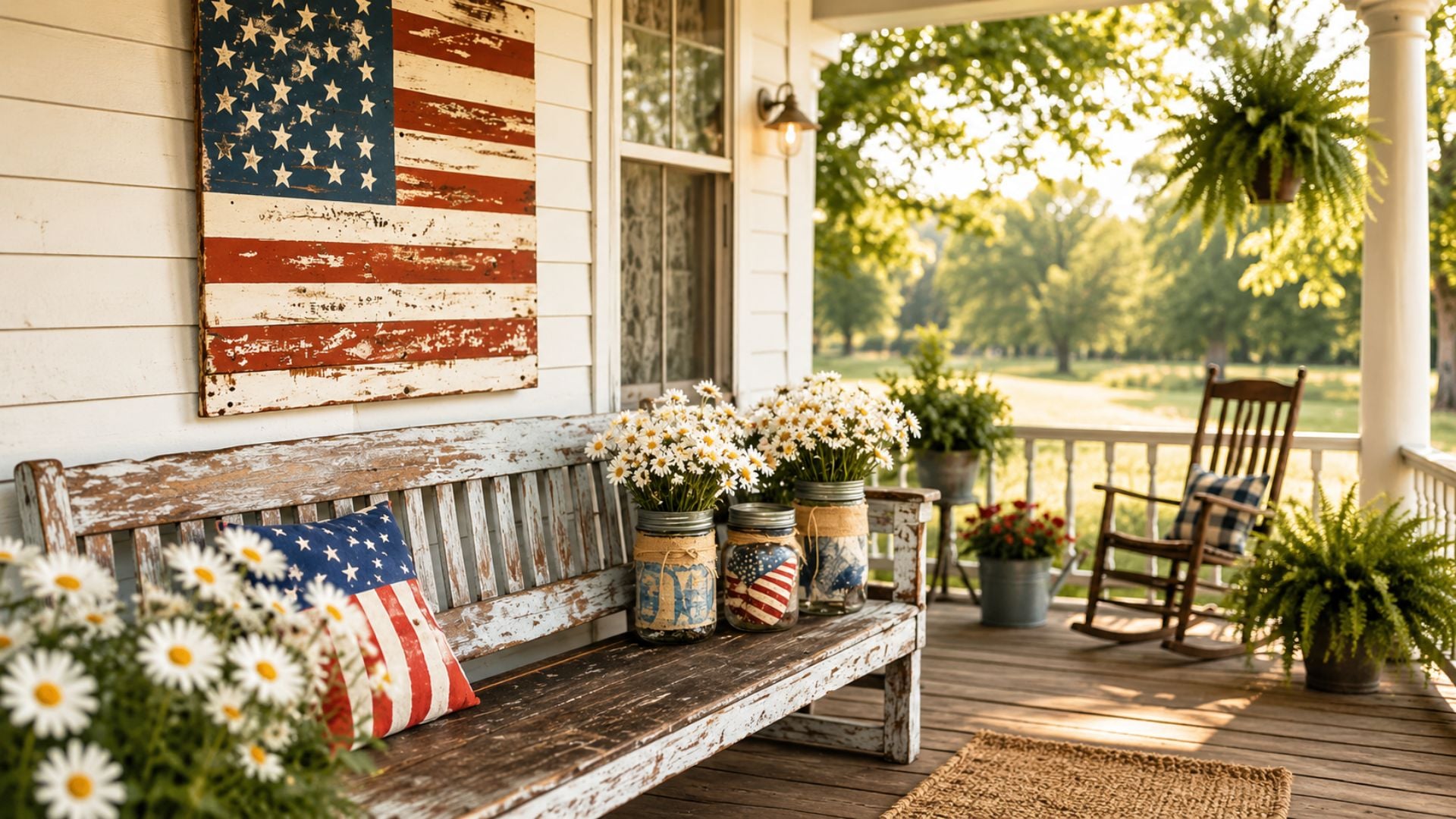 Patriotic 4th of July desktop background with a rustic farmhouse porch, vintage American flag wall art, daisies, and red white and blue decor.
