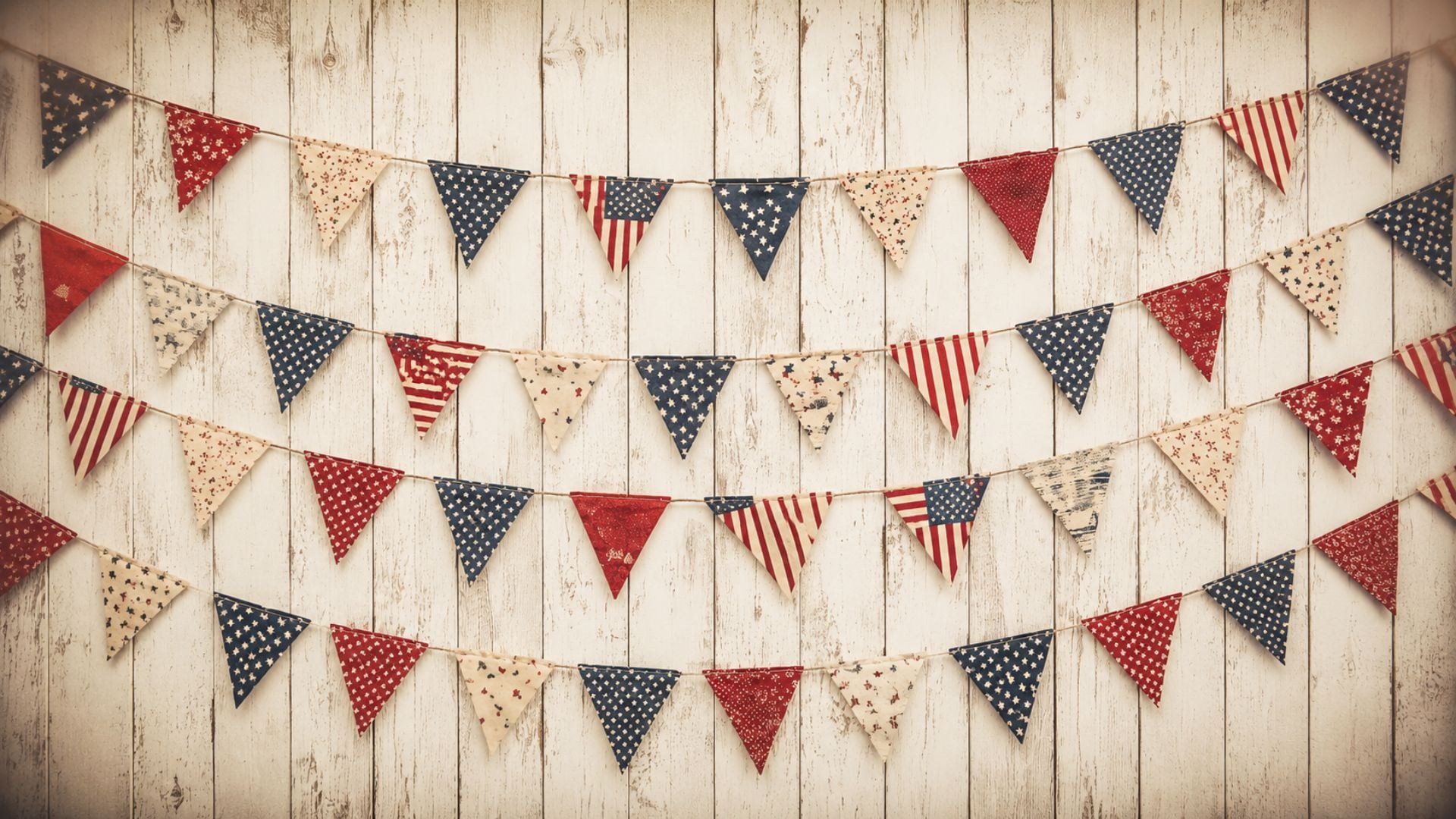 Patriotic 4th of July desktop background with rustic red, white, and blue bunting on a vintage white wood wall.