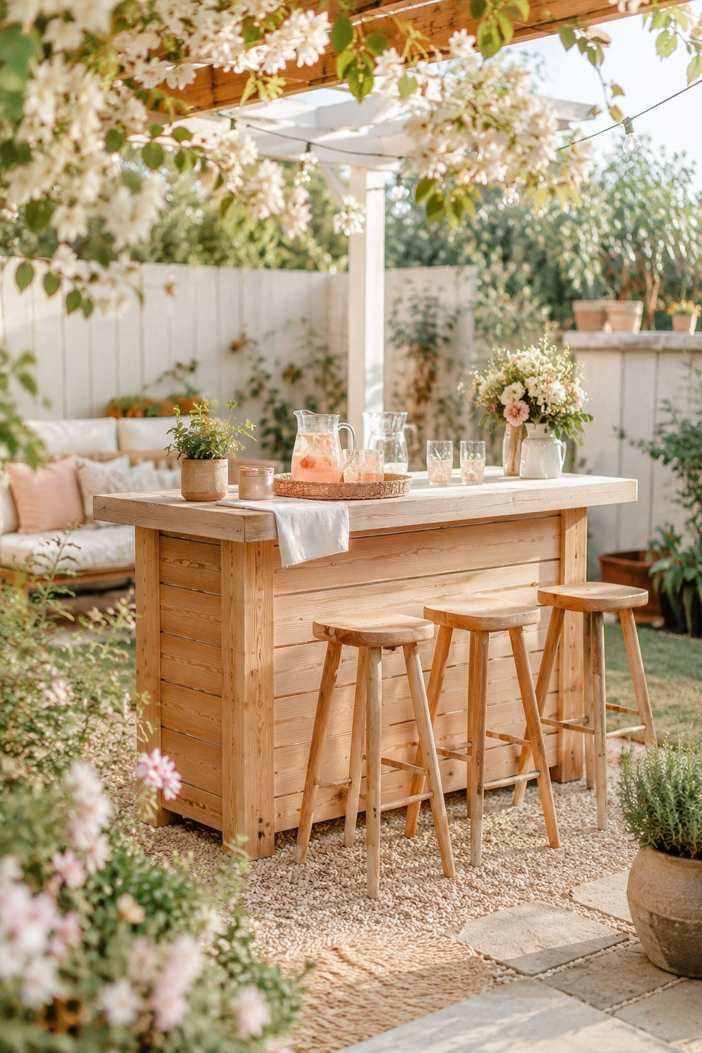 Simple wooden backyard bar with stools, soft flowers, pitcher, glassware, and cozy garden patio decor for summer entertaining