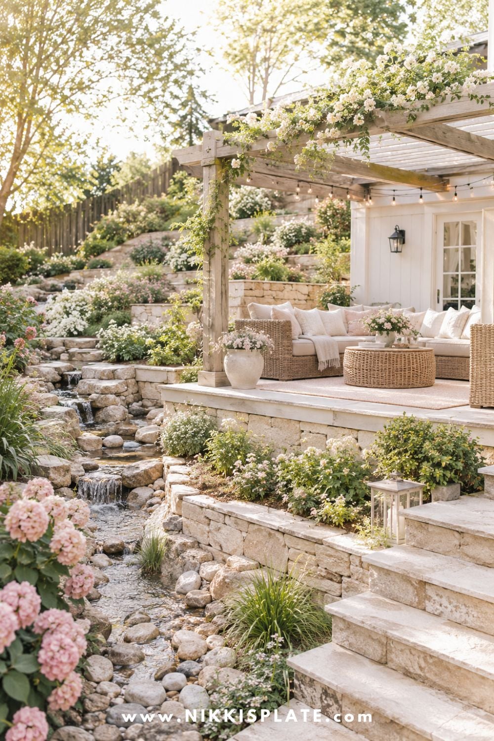 Sloped backyard landscaping with a pergola patio, stone retaining walls, cascading water feature, cottage flowers, and cozy outdoor seating.