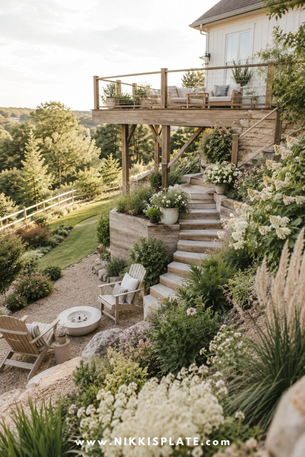 Sloped backyard landscaping with a raised deck, wooden stairs, gravel fire pit area, soft flowers, and layered hillside garden beds.