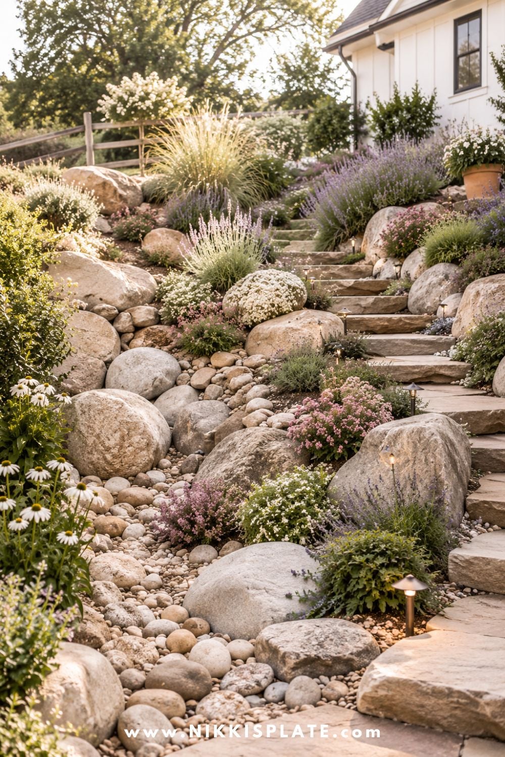 Sloped backyard landscaping with a rock garden on the slope, natural boulders, stone steps, lavender, ornamental grasses, and low-maintenance hillside plants.