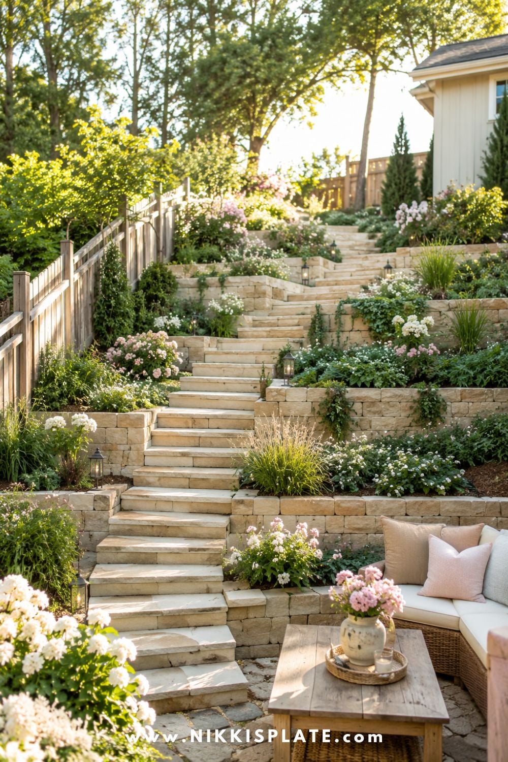 Sloped backyard landscaping with stone stairs, terraced planting beds, retaining walls, soft cottage flowers, and a cozy seating area at the bottom.