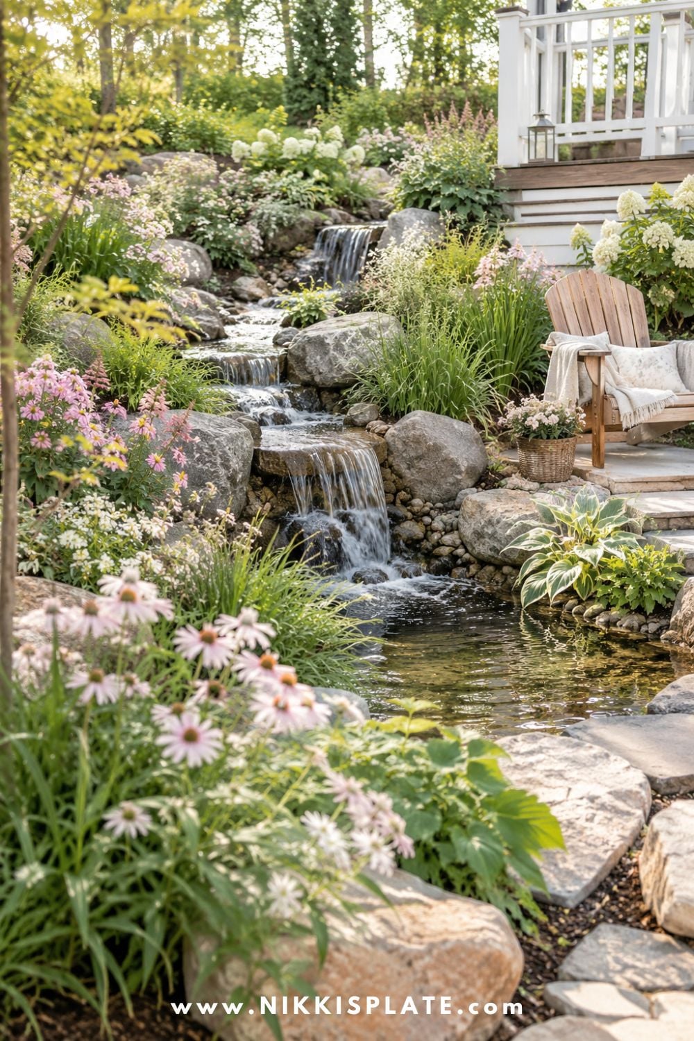 Sloped backyard landscaping with a cascading water feature, natural boulders, small garden pond, cottage flowers, and a cozy backyard seating area.