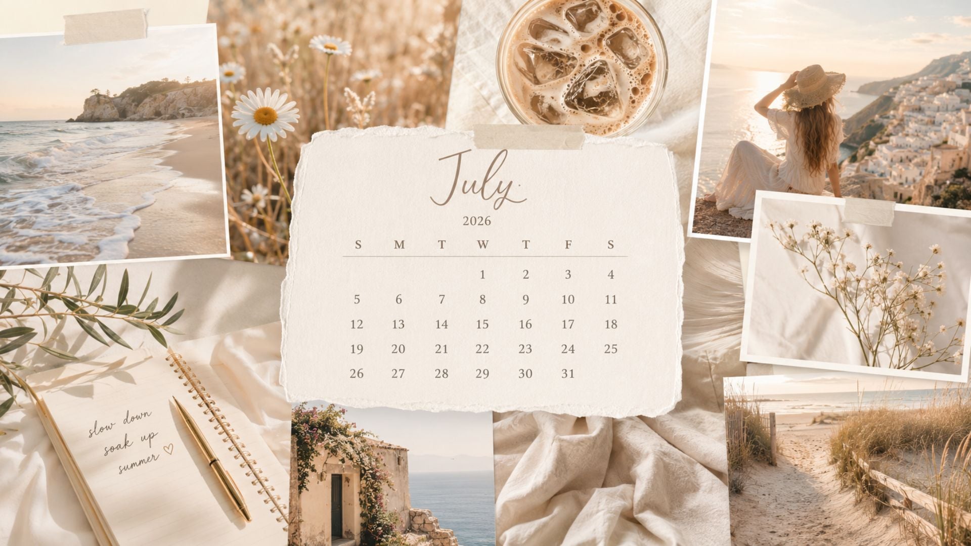 July 2026 desktop calendar background with a neutral summer moodboard, beach images, daisies, iced coffee, and a central calendar layout.