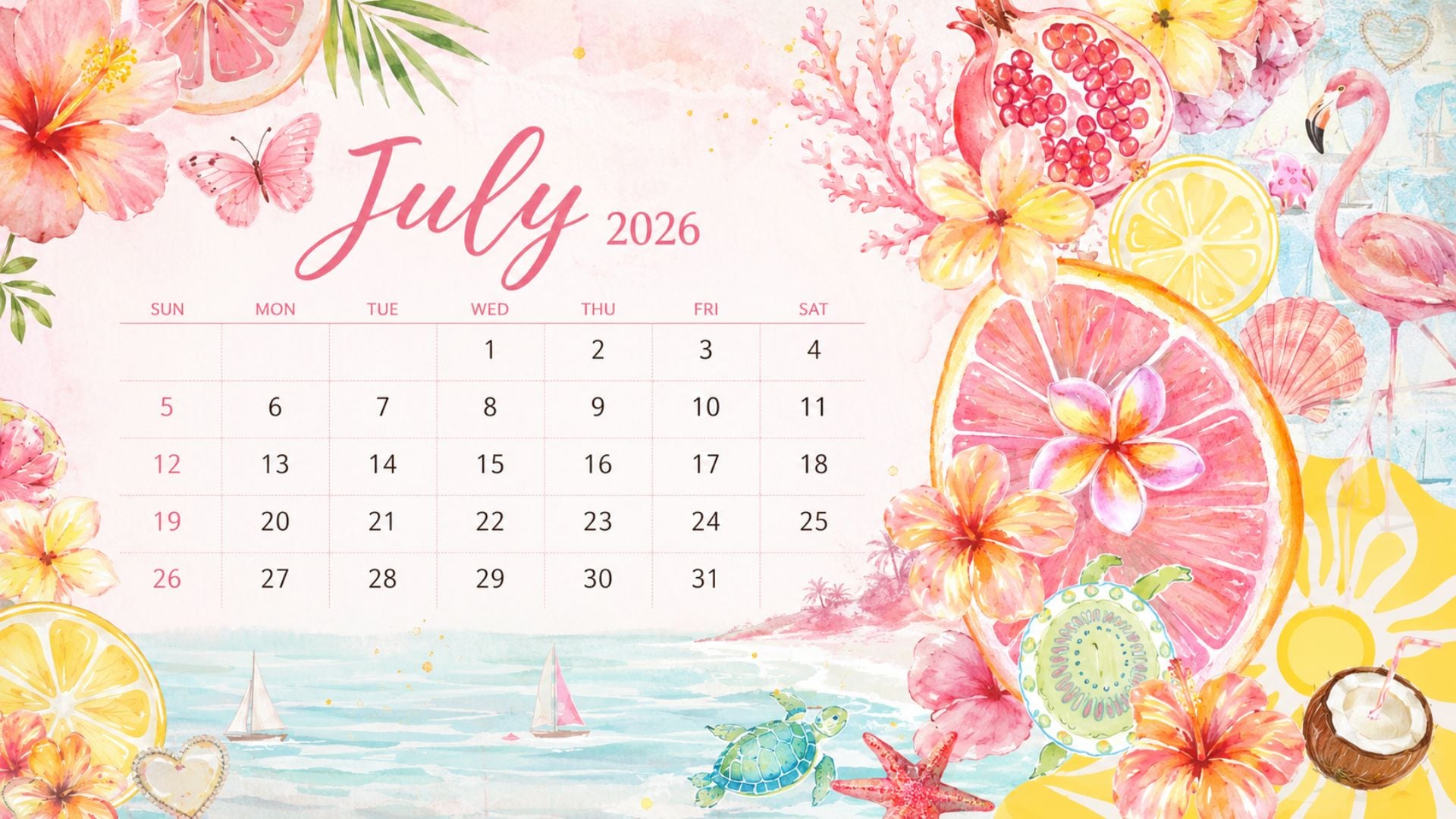 July 2026 Desktop Calendar Backgrounds with tropical fruit, hibiscus flowers, flamingo accents, ocean details, and a bright summer calendar design.