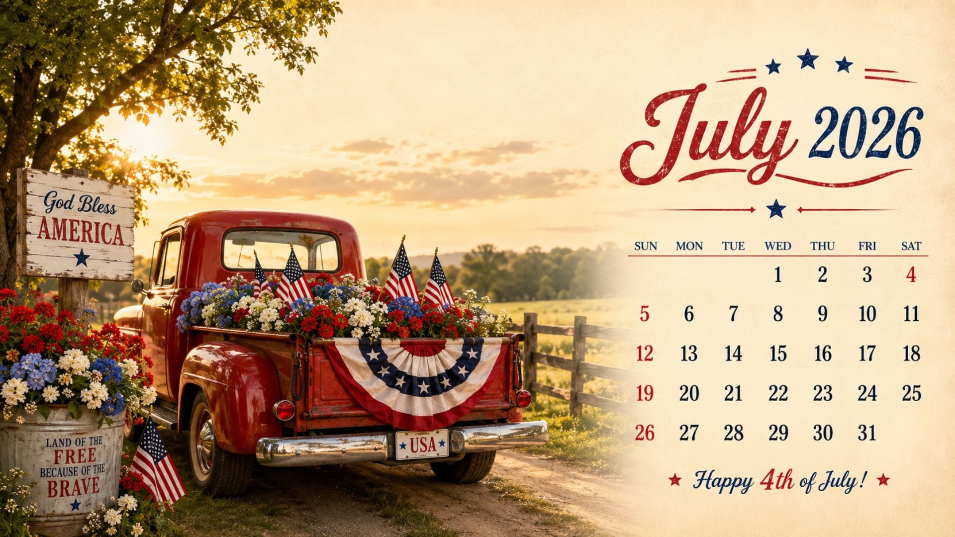 July 2026 desktop calendar background with a vintage red truck, American flags, patriotic flowers, and a festive Fourth of July calendar design.
