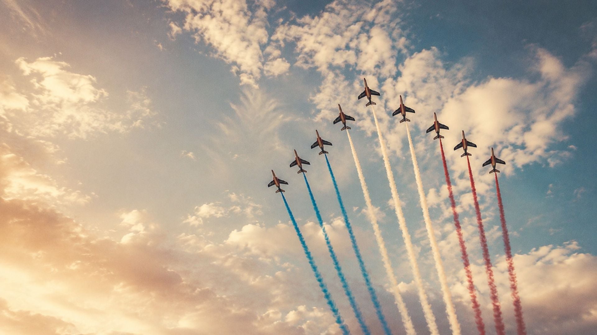 Patriotic 4th of July desktop background with vintage-style jets flying through the sky with red, white, and blue smoke trails.