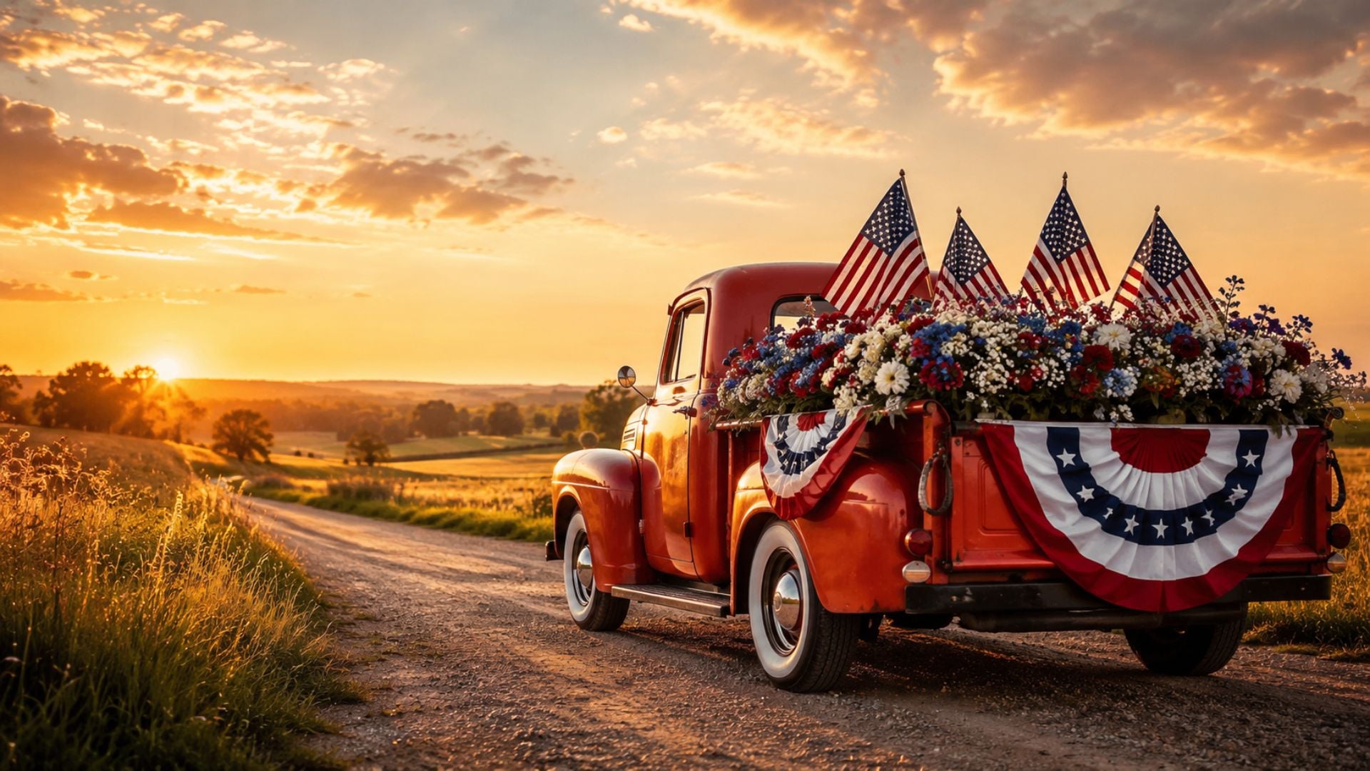 Patriotic 4th of July desktop background featuring a vintage red truck filled with American flags, red white and blue flowers, and a golden country sunset.