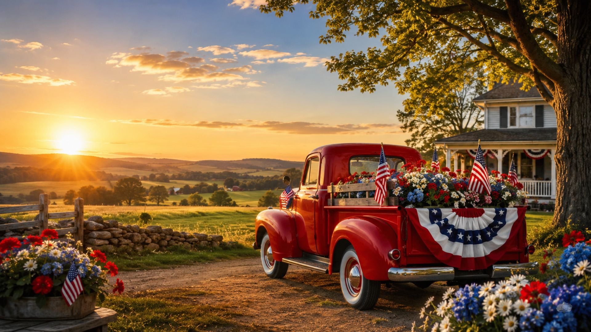 4th of July desktop wallpaper featuring a vintage red truck, American flags, patriotic flowers, and a warm country sunset.